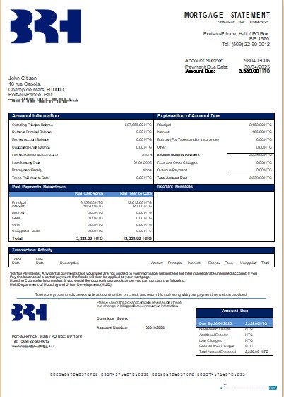 Download Haiti BRH bank mortgage statement scr Photoshop template